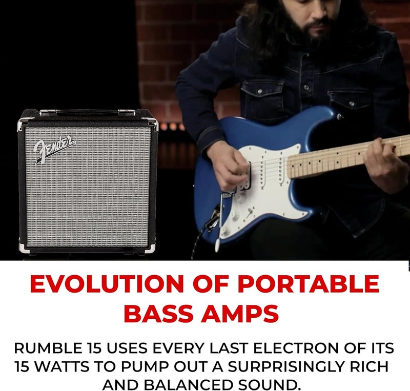 FENDER حزمة مضخم الصوت Rumble 15 مع كابل آلة موسيقية وقرص DVD تعليمي من أوستن بازار - Image 5